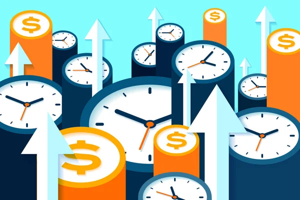 Reloj Dólar Iconos Estilo Plano Temporizadores Signo Dinero Fondo Color — Vector de stock