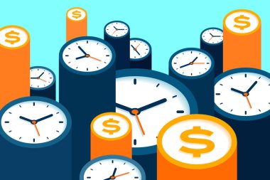 Saat ve dolar simgeleri düz stil, zamanlayıcılar ve para işareti renk arkaplan. Zaman yönetimi. Daha fazla saat. Sunumunuz için iş vektörü illüstrasyonu
