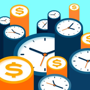 Saat ve dolar simgeleri düz stil, zamanlayıcılar ve para işareti renk arkaplan. Zaman yönetimi. Daha fazla saat. Sunumunuz için iş vektörü illüstrasyonu