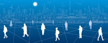 Karantina 'da hayat. Birçok insan meydanın etrafında yürüyor, modern bir şehrin arka planında, vektör tasarım sanatında.