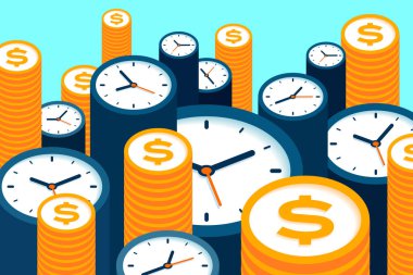 Saat ve dolar simgeleri düz stil, zamanlayıcılar ve para işareti renk arkaplan. Zaman yönetimi. Daha fazla saat ve para. Sunumunuz için iş vektörü illüstrasyonu