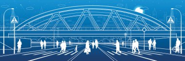 İnsanlar demiryolu köprüsünün altından yaya geçidine yürüyorlar. Büyük otoyol. Modern gece kasabası. Şehir merkezinin ana hatları. Endüstriyel çizim. Mavi arka planda beyaz çizgiler. Vektör tasarım sanatı