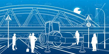 Demiryolu köprüsünün altında yol onarımı. Servis yolu. Modern gece kasabası. Şehir merkezinin ana hatları. Endüstriyel taşıma illüstrasyonu. Mavi arka planda beyaz çizgiler. Vektör tasarım sanatı