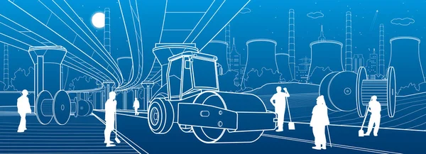 都市インフラ図 道路の修理 サービス道路 背景にある発電所 建設現場の建設者 概要都市風景 青い背景の白い線 ベクトルデザインアート — ストックベクタ