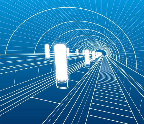 地下鉄のエスカレーター 輸送インフラ図 都市生活 青の背景に白い線 プロジェクトの概要画像 ベクトルデザインアート — ストックベクタ