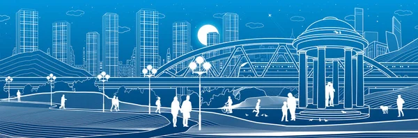 Városi Pihenés Illusztrációja Parkban Vonatozás Hídon Kerti Ház Relaxációs Infrastruktúra — Stock Vector