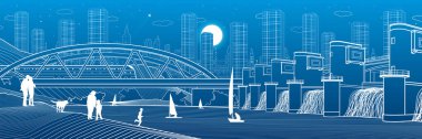 Hidroelektrik santrali. River Barajı. Köprüde tren yolculuğu. İnsanlar kıyıda kalıyor. Şehir altyapısı endüstriyel illüstrasyon panoraması. Şehir hayatı. Mavi arka planda beyaz çizgiler. Vektör tasarım sanatı
