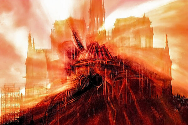 Dramatic illustration of Notre Dame on fire