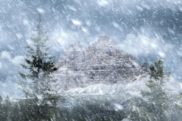 Kar fırtınasında Tre cime dağları