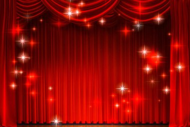 Theatre curtain and lighting on stage. Illustration of the curta clipart