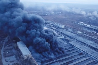 Fabrikada büyük bir yangın çıktı. Binalardan siyah dumanlar yükseliyor.