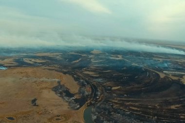 Tundra yangını. Kuru çimenler ve turba bataklıkları, ateş ve duman yanıyor