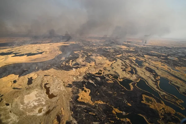 Огонь тундры. Горящие сухая трава и торфяные болота, огонь и дым в — стоковое фото
