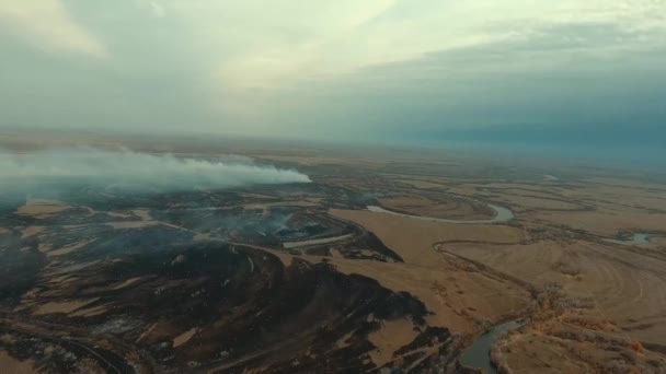 Tundra fire. Burning dry grass and peat bogs, fire and smoke in tundra. — Stock Video
