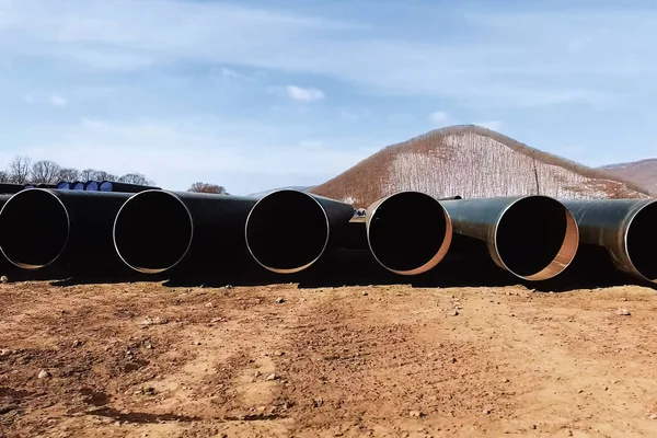 Tubos Gasoduto Construção Colocação Gasodutos Para Transporte Gás Petróleo — Fotografia de Stock