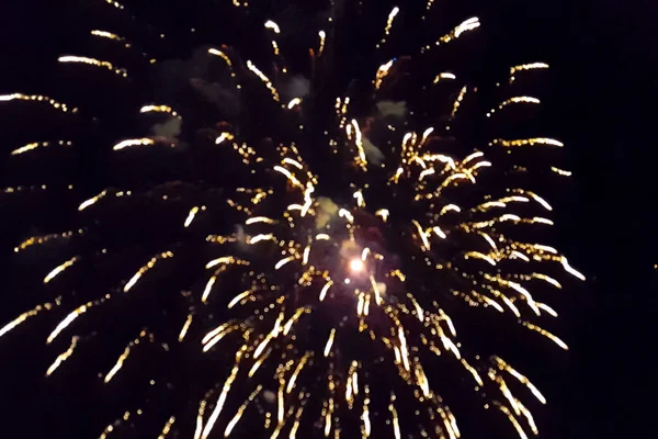 Saludo Festivo Cielo Nocturno Explosiones Fuegos Artificiales — Foto de Stock