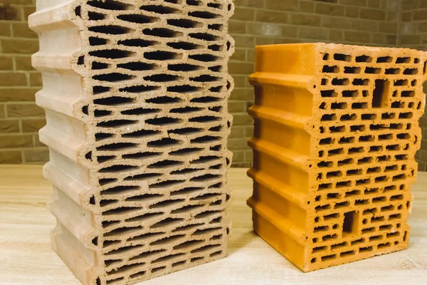 Samples of hollow bricks. Brick factory products.