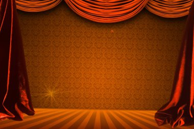 Sahnede tiyatro perdesi ve ışıklandırma. Tiyatronun perdesinin görüntüsü.