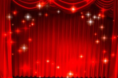 Sahnede tiyatro perdesi ve ışıklandırma. Tiyatronun perdesinin görüntüsü.