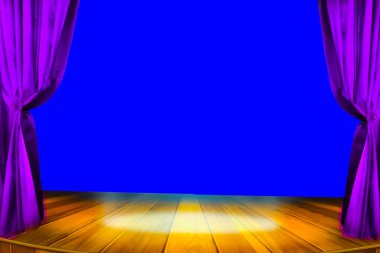 Sahnede tiyatro perdesi ve ışıklandırma. Tiyatronun perdesinin görüntüsü.