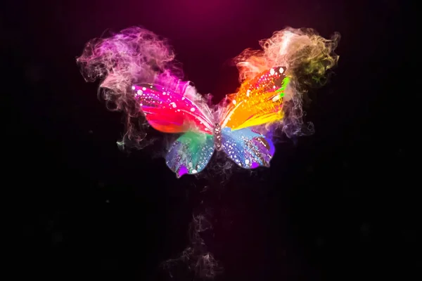 Multi-colored magic butterfly on a black background.