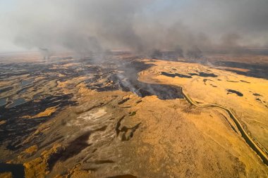 Tundra yangını. Kuru otları ve turba bataklıklarını yakmak, tundrada ateş ve duman çıkarmak.