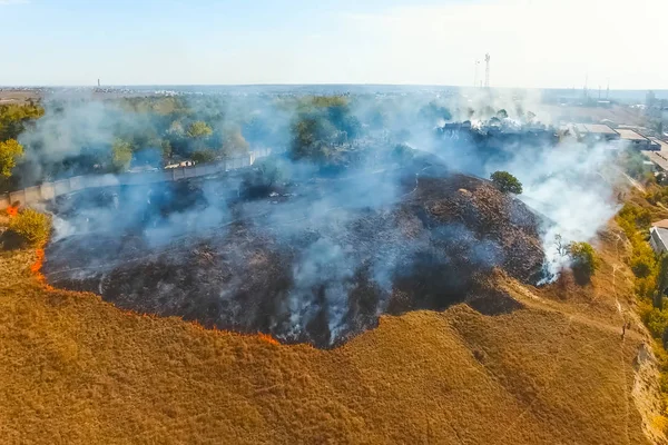 Feu Steppe Brûler Herbe Sèche Feu Fumée — Photo