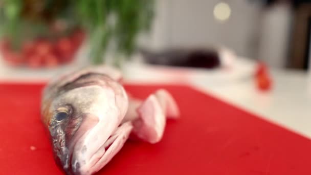 Chef mãos estão cortando peixe fresco em filetes com faca — Vídeo de Stock