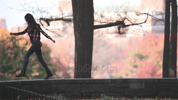 Donna felice nel parco autunnale. Giovane donna allegra ed eccitata che si diverte a lanciare foglie gialle nel soleggiato parco autunnale . — Video Stock