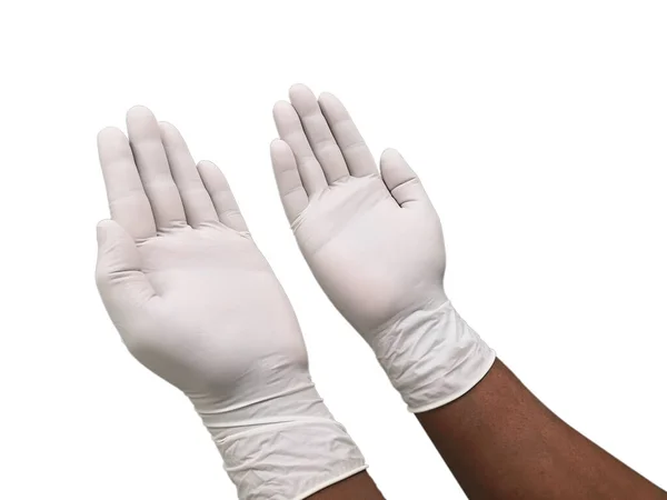 Χέρια Φοράνε Προστατευτικά Λευκά Γάντια Γάντια Λατέξ Σύμβολο Προστασίας Από — Φωτογραφία Αρχείου