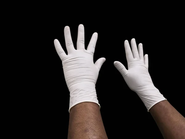 Μεμονωμένη Εικόνα Των Λευκών Αποστειρωμένων Χειρουργικών Γαντιών Στο Χέρι — Φωτογραφία Αρχείου