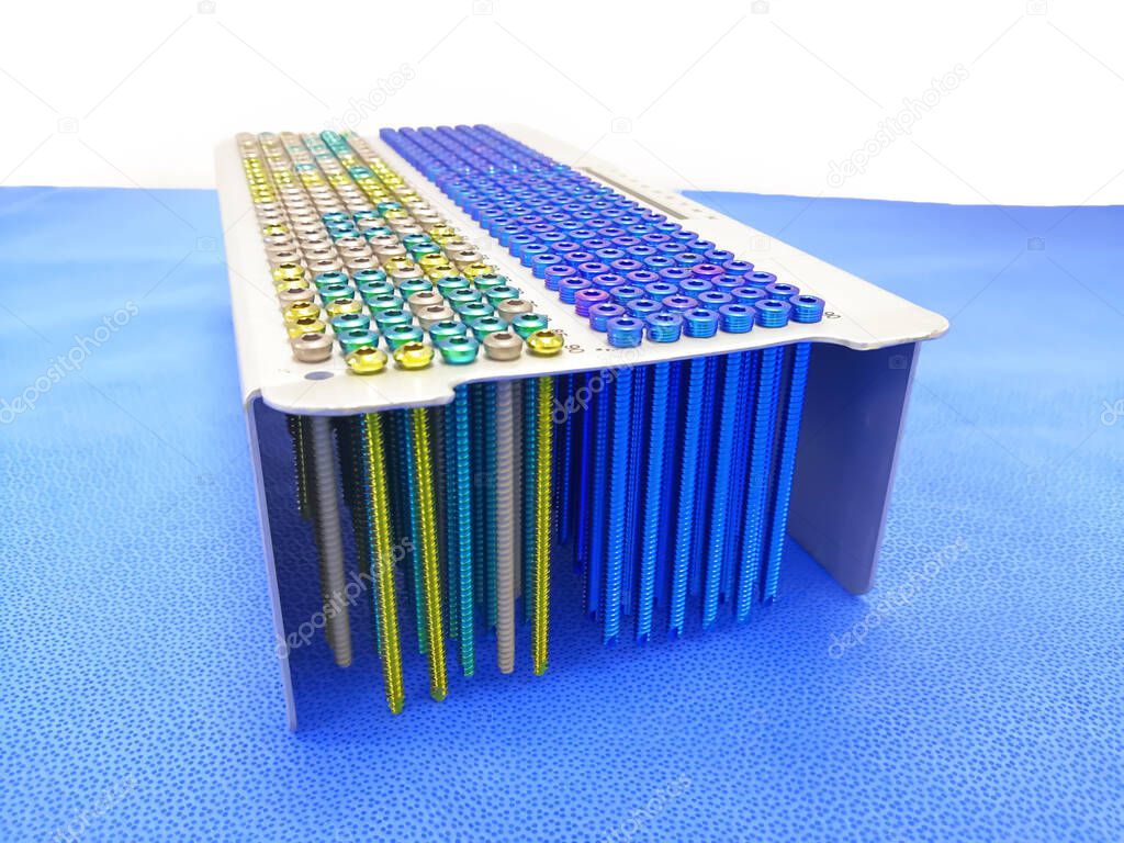 Orthopedic Surgical Screws Set On Stand, Using For Fix Implants