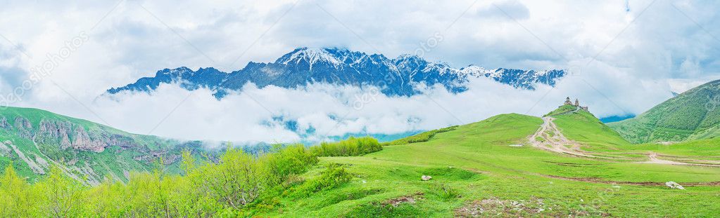 The wide panorama of Kazbegi National Park