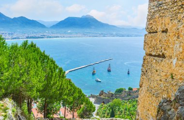 Çam ağaçları ile Alanya deniz manzarası