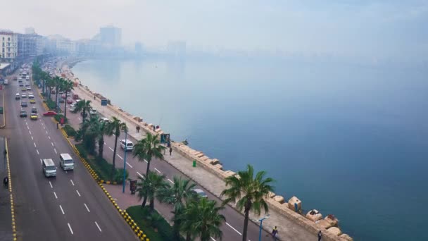 Alexandria Egypten December 2017 Ljus Morgonen Diset Över Havet Strandpromenaden — Stockvideo