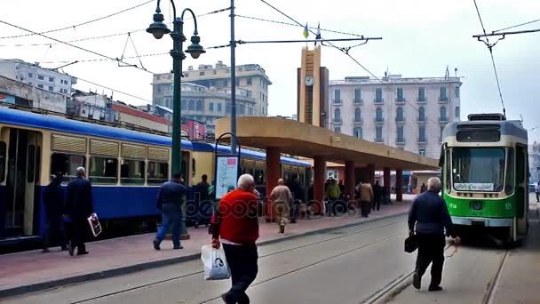 Alexandria Egypt December 2017 Crowded Tram Terminal Station Vintage Trams — Stock Video