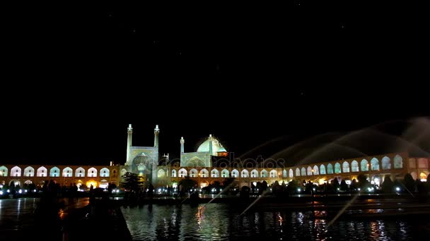 Bright Lights Naqsh Jahan Square Reflected Fountain Royal Imam Mosque — Stock Video