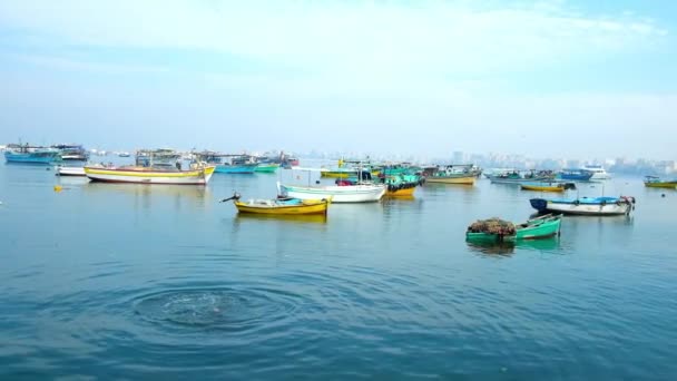 Олександрія Єгипет Грудня 2017 Кольорові Рибальські Човни Пришвартовані Східній Гавані — стокове відео