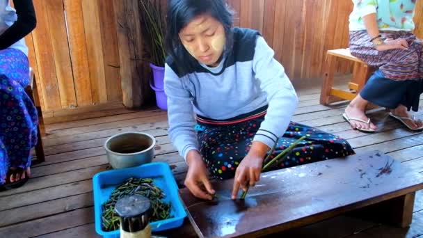 缅甸茵莱湖湖 2018年2月18日 青年工人生产的纱从莲花绿色茎在车间 位于茵莱湖湖 Inpawkhon 2月18日在茵莱湖湖 — 图库视频影像
