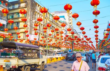 Çin mahallesinde, Yangon, Myanmar kırmızı fener