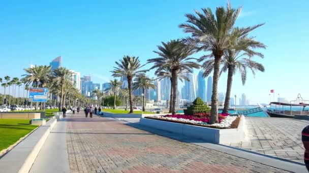 Doha Qatar Februar 2018 Landschaftspark Mit Üppigen Palmen Und Hellen — Stockvideo