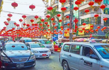 Trafik sıkışıklığı mahallesinde, Yangon, Myanmar