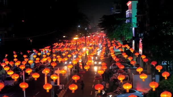 Kinesiska Nyåret Firandet Chinatown Yangon Kväll Maha Bandula Road Upplyst — Stockvideo