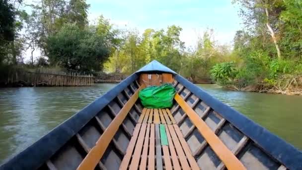 森林と農業を望む湖土地銀行 ミャンマーのインレーのテイン ディーン パゴダ クリークに沿ってカヌー ボートが浮かぶ — ストック動画