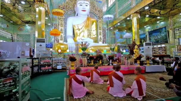 缅甸实皆省 2018年2月21日 Bhikkhunis 佛教修女 Nya 新宝塔的形象之家 在2月21日在实皆省的祭坛上祈祷着巨大的金色佛像 — 图库视频影像