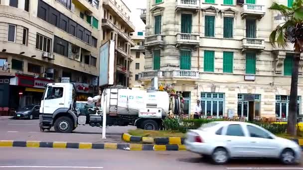 Alexandria Egypten December 2017 Medarbetaren Vatten Gröna Växter Och Blomsterrabatter — Stockvideo