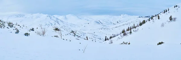 Horské panorama v šedých barvách, Feuerkogel Mount, Ebensee, Sal — Stock fotografie