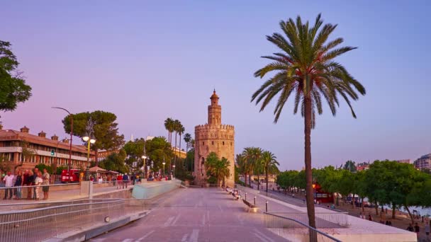 Sevilla Spanje Oktober 2019 Zonsondergang Schemering Het Park Aan Rivier — Stockvideo