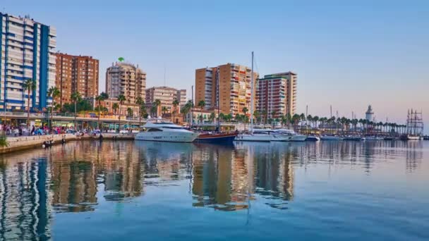 Malaga Spain September 2019 Evening Walk Malaga Port View Muelle — Stock Video