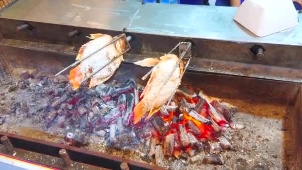 Rotisserie Com Peixe Torrado Picante Barraca Mercado Noturno Nang Krabi — Vídeo de Stock